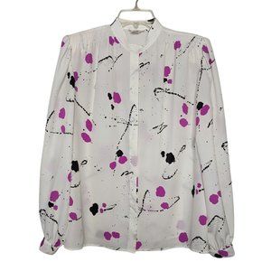 Lloyd Williams‎ Vintage abstract splatter paint print white button up blouse 10